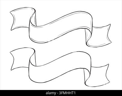 Hand drawn ribbon banners with empty copy space for text. Monochrome black and white ink illustration, vintage line art style, isolated on white Stock Vector