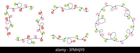 Christmas string lights frames and borders set for minimalist winter holiday greeting card design Stock Vector