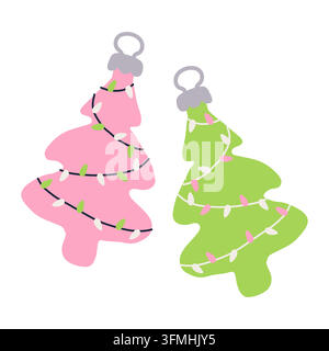 Cute pink and green Christmas tree ornaments hand drawn vector set Stock Vector