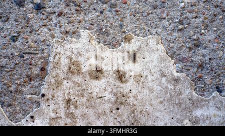Weathered concrete shows cracked, eroded surface texture. Brownish stains highlight wear and age. Fragments reveal rough, uneven stone beneath. Ideal Stock Photo