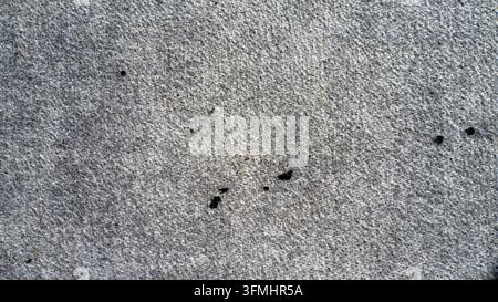 Close-up of textured gray concrete surface. Dark smudges and stains mark the pavement. Image shows gritty, weathered urban ground texture. Ideal for b Stock Photo
