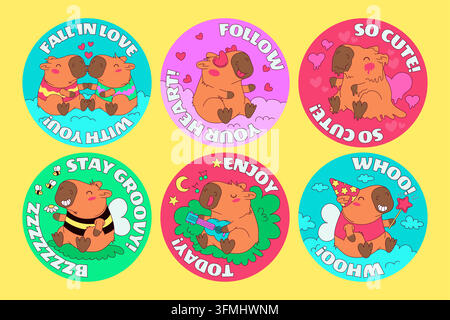 Cute groovy capybara round stickers collection vector illustration set. Six round badge labels featuring adorable capybara characters in funny scenes Stock Vector