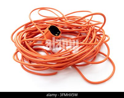 A coiled orange extension cord sits isolated on white background Stock Photo