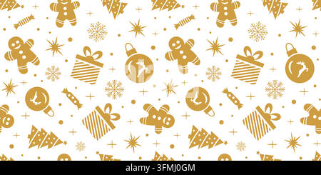 Vector illustration of a seamless Christmas pattern featuring gingerbread men, festive ornaments Stock Vector