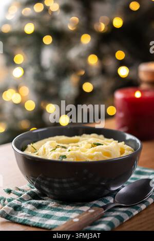 Creamy mashed potatoes served in bowl on festive Christmas dinner table Stock Photo