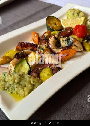 Grilled octopus tentacles served with roasted vegetables and lemon on white plate. Tender grilled octopus tentacles arranged on a white rectangular pl Stock Photo