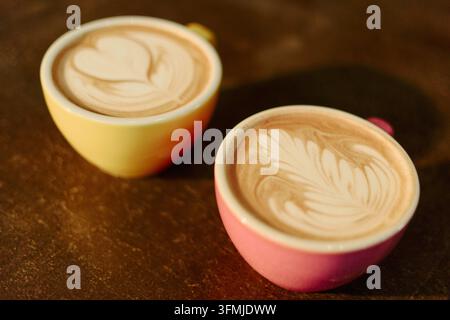 Two Cups of Fresh Cappuccino with Latte Art for Coffee Shop Menu Stock Photo