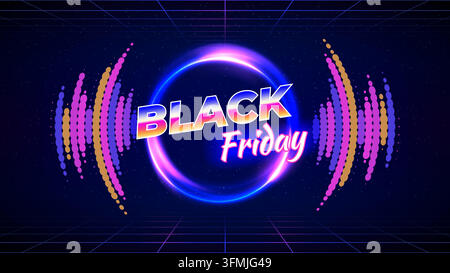 Black friday retro futuristic neon offer banner. 80s style, neon color. Sale poster, promotion. Shining circle, wireframe laser grid, audio waveform. Stock Vector
