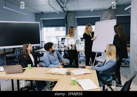 Diverse business professionals working together, discussing ideas, and analyzing data during a dynamic corporate meeting in a modern office Stock Photo