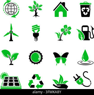 Collect Environment Icons Sticker Set with Tree, Leaf, Light Bulb, Recycling Symbol. Vector in two colours illustration Stock Vector