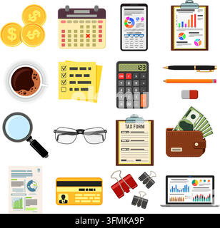 Set Auditing, Tax process calculation, Accounting icons in flat style. Calculator, Magnifying Glass, financial reports, Tax form, laptop, smartphone a Stock Vector