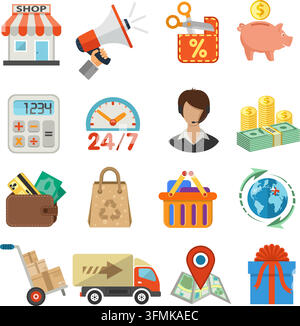 Internet Shopping, Delivery and Cargo Detailed Flat Icon Set for e-commerce with money, truck, gift symbols. Vector isolated on white. Stock Vector
