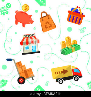 Internet Shopping, Delivery and Cargo Detailed Seamless Pattern with Flat Icon for e-commerce such as money, truck, cart symbols. Vector illustration. Stock Vector