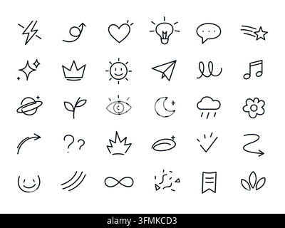Hand Drawn Doodle Icon Set with Cute Minimal Symbols Stock Vector