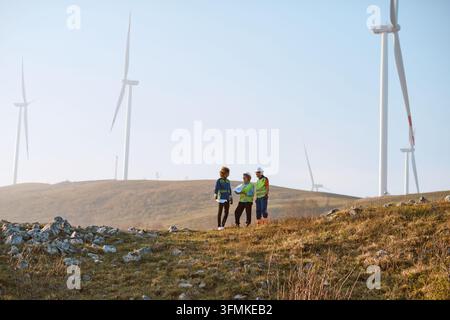 Three engineers and technicians in safety vests and helmets review plans on a grassy hilltop surrounded by wind turbines while conducting a site surve Stock Photo