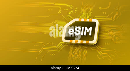 eSIM card illustration on a digital circuit board background. Modern embedded SIM technology concept. Vector illustration Stock Vector