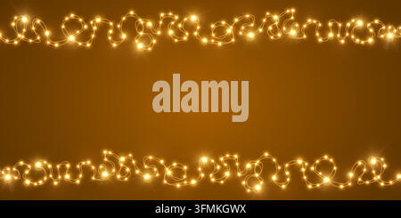 Dark orange Happy New Year concept with glowing golden silver garlands. Christmas and Chinese New Year decor. New year card concept frame background. Stock Vector