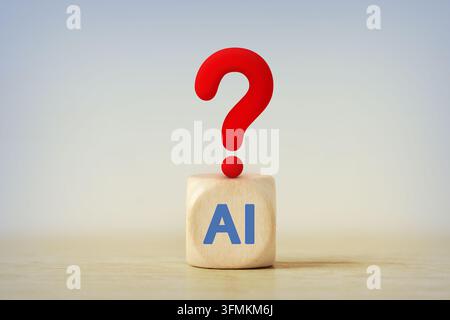 Red question mark on Wooden block with the text AI - Concept of arificial intelligence, future and global transformation Stock Photo