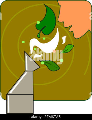 Herbal steam inhalation therapy vector illustration with a person smelling vapor and green leaves. Stock Vector