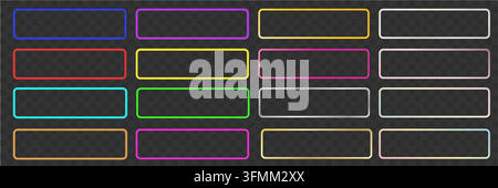 Neon rectangle button frame with soft glow. Futuristic led call to action element for UI design, web interfaces, game menus, dark backgrounds and Stock Vector
