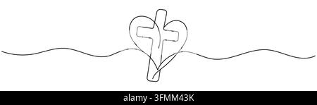 Christian Cross and Heart One Line Drawing with Editable Stroke. Stock Vector