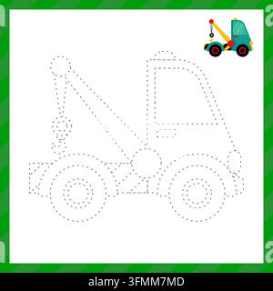 Kids tracing worksheet with tow truck and dashed line outline for preschool Stock Vector