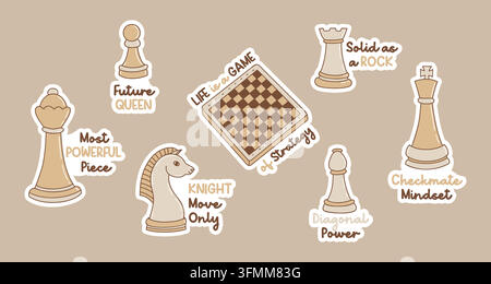 Chess Pieces Board Stickers Planner Set. Smart Strategy Quotes King Queen Rook Bishop Knight Pawn Figures Label Badge Pack. Vector Illustration Isolat Stock Vector