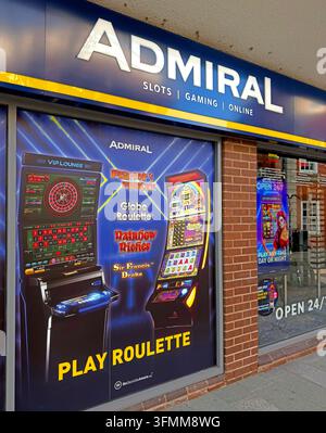 “Play Roulette” like Las Vegas, advertising at Admiral Slots, a 24-hour adult gaming centre AGC on Union Street in Warrington, Cheshire, WA1 Stock Photo