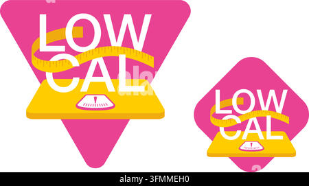 Low cal food icon - stamp for packaging of low calories diet products - word stands on weight scales with measuring tape around Stock Vector