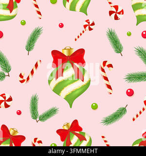 A seamless Christmas pattern featuring a festive green Christmas bauble adorned with gold glitter, a red bow, green spruce branches, and candy canes. Stock Vector