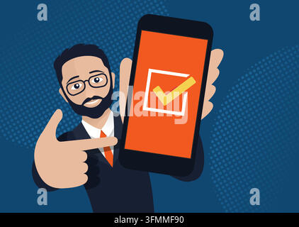Happy young smiling man with beard and glasses holding phone with check mark on a screen - vector illustration in flat cartoon style Stock Vector