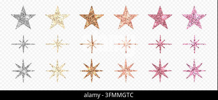 3d glitter stars icons. Set of vector sparkling design elements in silver, gold and pink colors Stock Vector