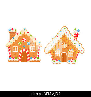 A set of two festive Christmas gingerbread houses decorated with colorful sweets, lollipops, sprinkles, and white icing snow, set against a white Stock Vector