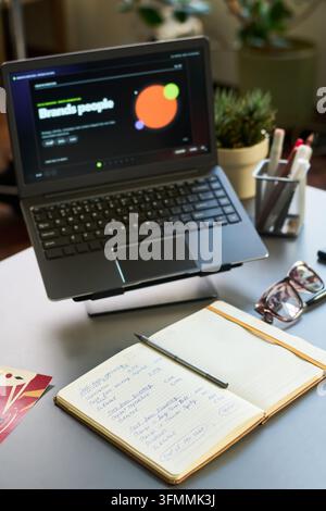 Laptop Displaying Brand Strategy on Desk in Creative Studio Stock Photo
