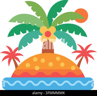 Caribbean island with minimalistic mexican patterns and 3 palms in ocean (kids vector) Stock Vector
