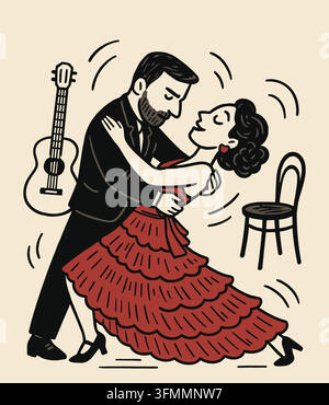 Romantic elegant tango dancing couple pair in stylized artwork Stock Vector