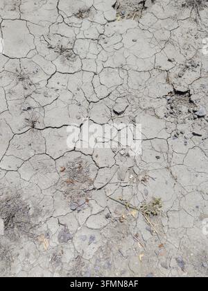 Overhead view of cracked dry soil and parched farmland showing drought conditions and environmental stress. Natural earth texture with fractured groun Stock Photo