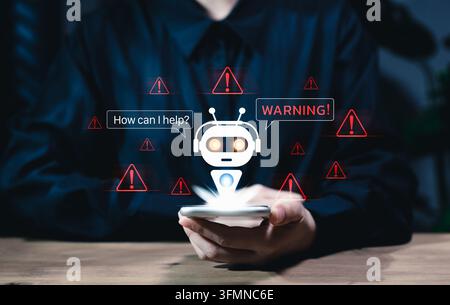 AI system warning and automated support risk alert concept. Person using smartphone with chatbot, warning signs and error notifications. AI monitoring Stock Photo
