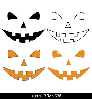 Halloween pumpkin faces illustration vectors set. Spooky Jack-o-lantern expressions with silhouette and line art styles isolated on white background f Stock Vector