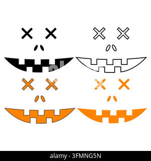 Halloween pumpkin faces illustration vectors set. Spooky Jack-o-lantern expressions with silhouette and line art styles isolated on white background f Stock Vector