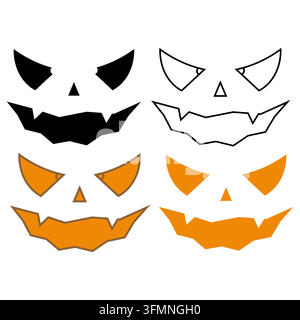 Halloween pumpkin faces illustration vectors set. Spooky Jack-o-lantern expressions with silhouette and line art styles isolated on white background f Stock Vector