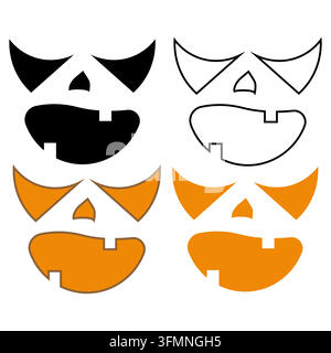 Halloween pumpkin faces illustration vectors set. Spooky Jack-o-lantern expressions with silhouette and line art styles isolated on white background f Stock Vector