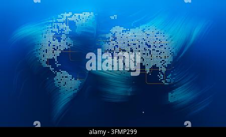 Pixelated world map and glowing routes visualize international digital payments, financial transfers and global connectivity. Stock Photo