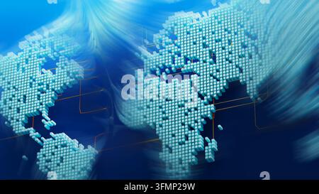 Three-dimensional cube map with glowing connections illustrates global payment technology and international financial transfers. Stock Photo