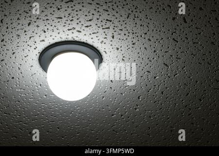 Glowing Ceiling Light Bulb on Rough Textured Concrete Surface in Dark Interior Space Stock Photo
