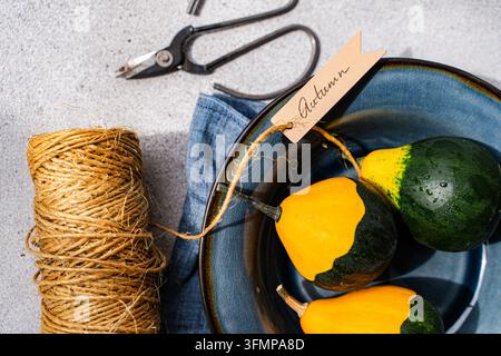 Overhead autumn table setting with decorative pumpkins, handwritten place card, rustic twine spool and garden shears on a blue plate and linen napkin. Stock Photo