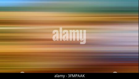Vibrant abstract background with horizontal bands of blue, green, gold, orange, brown, and purple created through motion blur, evoking speed, light, a Stock Photo