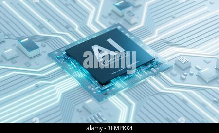 A prominent AI processor sits on a transparent glass circuit board with luminous blue connections, representing advanced computing technology. Stock Photo