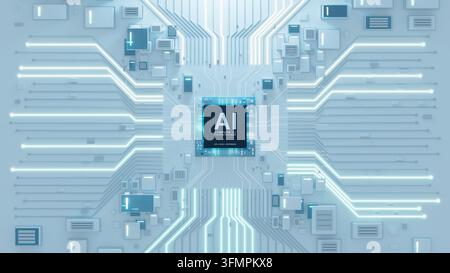 A small central AI chip distributes bright connections across an expansive white circuit board, symbolizing scalable digital infrastructure. Stock Photo