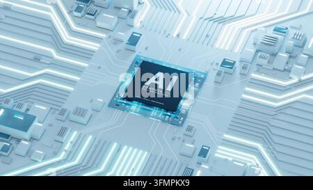 An AI processor powers a wide network of illuminated circuit paths and electronic components on a clean glass technology background. Stock Photo